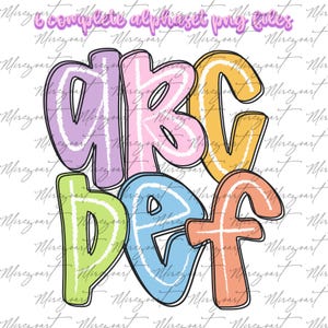 May include: A colorful alphabet design featuring the letters A, B, C, D, E, and F in a bubble letter style. Each letter is a different pastel color with a white outline and a black border. The text "6 complete alphabet png files" is at the top.
