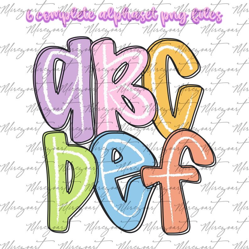 May include: A colorful alphabet design featuring the letters A, B, C, D, E, and F in a bubble letter style. Each letter is a different pastel color with a white outline and a black border. The text "6 complete alphabet png files" is at the top.