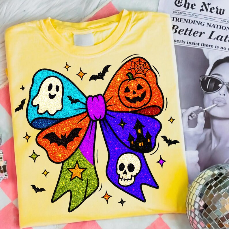 May include: Yellow t-shirt featuring a colorful Halloween bow design. The bow includes a ghost, pumpkin, bat, skull, and haunted house. The design is outlined in black and has glitter accents. Small stars and bats are scattered around the bow.