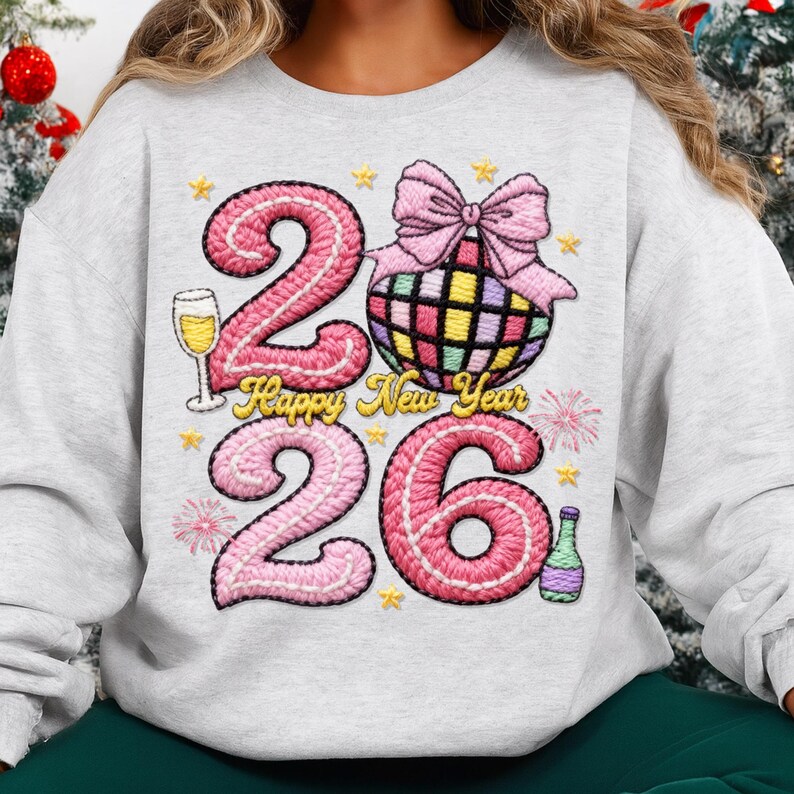 May include: A light gray sweatshirt with a festive New Year's design. The design features the numbers "26" in pink, a disco ball, a champagne glass, and the text "Happy New Year".