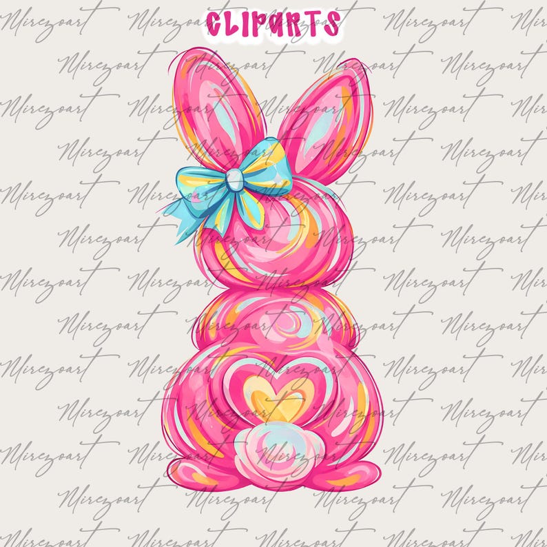 May include: A pink bunny illustration with a blue bow and a heart-shaped design. The word "CLIPARTS" is at the top. The bunny is made of stacked, swirled shapes in pink, yellow, and blue.