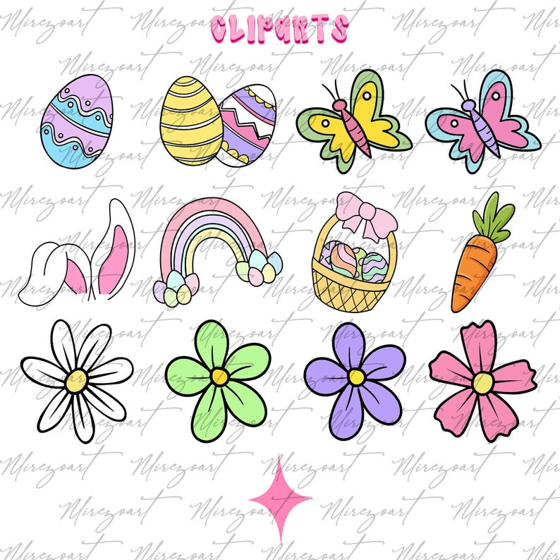 Op de afbeelding: Een verzameling kleurrijke clip-art met Pasen-thema. De afbeelding bevat versierde paaseieren, vlinders, een regenboog, een mand met eieren, een wortel, bloemen en konijnenoren. Het woord "CLIPARTS" is in het roze geschreven.