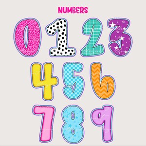 May include: A set of colorful numbers 0-9 with various patterns and textures. The numbers are outlined in a light blue with a white border. The word "NUMBERS" is written in pink at the top.