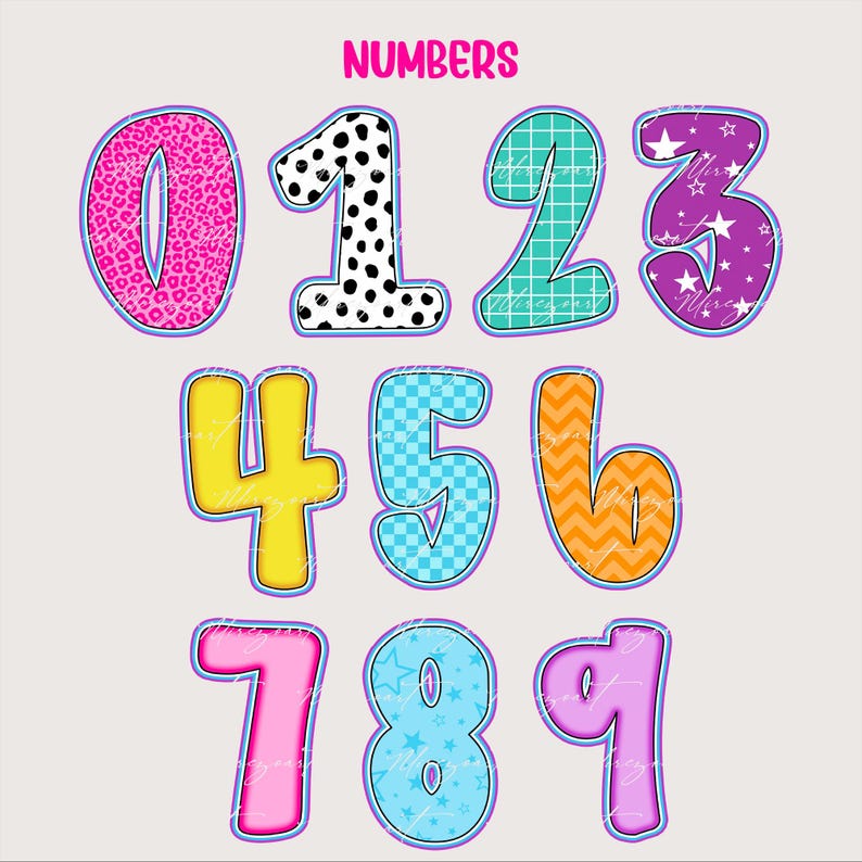 May include: A set of colorful numbers 0-9 with various patterns and textures. The numbers are outlined in a light blue with a white border. The word "NUMBERS" is written in pink at the top.