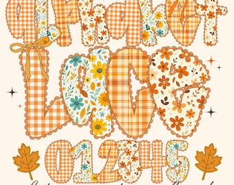 Fall Alphabet PNG Bundle, Autumn Gingham Floral Letters and Numbers with Clipart, Cozy Thanksgiving Font for Sublimation Projects