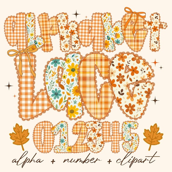 Fall Alphabet PNG Bundle, Autumn Gingham Floral Letters and Numbers with Clipart, Cozy Thanksgiving Font for Sublimation Projects