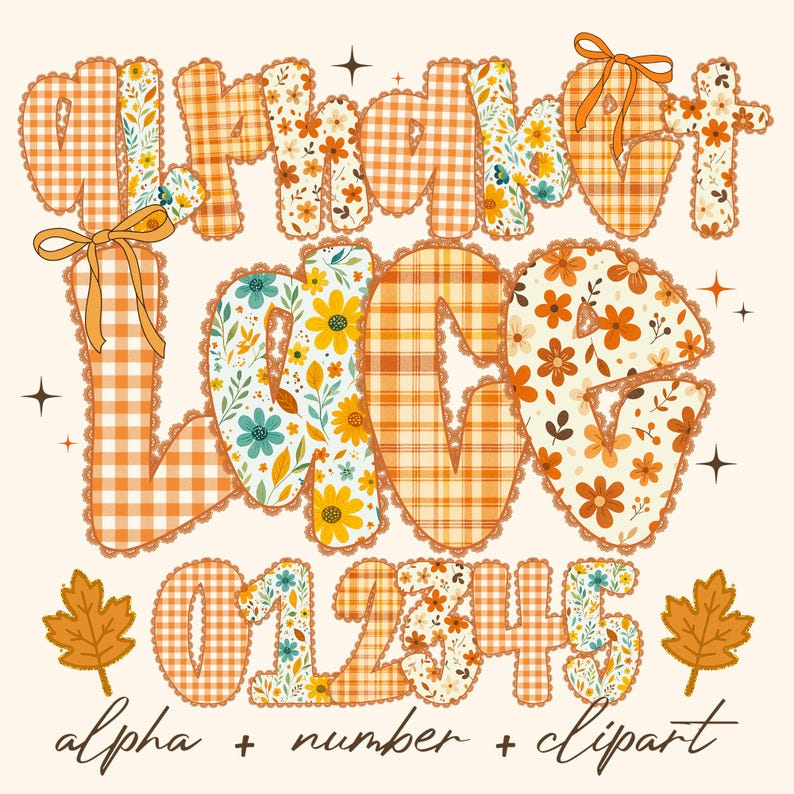 May include: A digital graphic with the words "Pumpkin Love" in a mix of plaid, floral, and lace patterns. Numbers 0-5 are also included, along with text that reads "alpha + number + clipart". The design features fall colors.