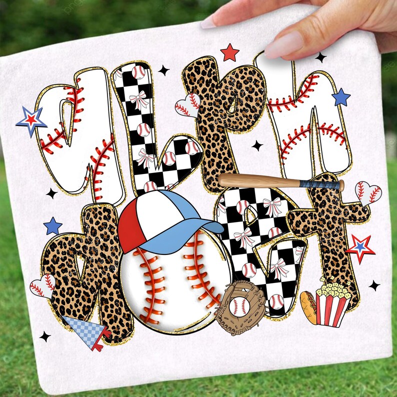 May include: White baseball-themed design with the words "All Star Mom" in a playful font. The letters feature baseball stitching, leopard print, and checkered patterns. Baseball, glove, hat, popcorn, and stars complete the design.