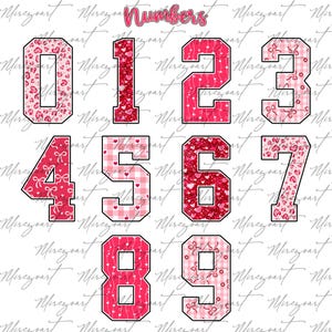 Op de afbeelding: Een verzameling cijfers 0-9 in een gedurfde, collegiale stijl. Elk cijfer heeft een ander patroon, waaronder harten, strikken en ruitjes, in roze en rode tinten. Het woord "Numbers" staat bovenaan.