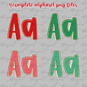 May include: Four sets of the letter "A" in different colors: red, green, pink, and teal. Each letter has a gold outline and a white border. The text "4 complete alphaset png files" is at the top.