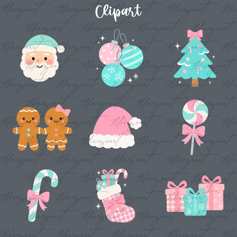 Pu&ograve; includere: Una collezione di elementi clipart a tema natalizio su sfondo grigio. Include Babbo Natale, ornamenti, un albero di Natale, omini di pan di zenzero, un cappello di Babbo Natale, un lecca lecca, un bastoncino di zucchero, una calza e regali. Il testo "Clipart" &egrave; in alto.