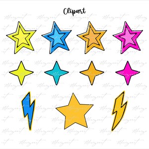 May include: A collection of colorful star and lightning bolt clip art. The stars are in yellow, blue, orange, and pink, with black outlines. The text "Clipart" is at the top.