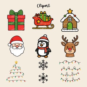以下が含まれることがあります： クリスマスをテーマにしたクリップアートイラストのコレクション。緑のリボンが付いた赤いギフトボックス、プレゼントでいっぱいのそり、ジンジャーブレッドハウス、サンタクロース、ペンギン、トナカイ、ライトで作られたクリスマスツリー、雪の結晶、ストリングライトが含まれています。「Clipart」という言葉が上にあります。