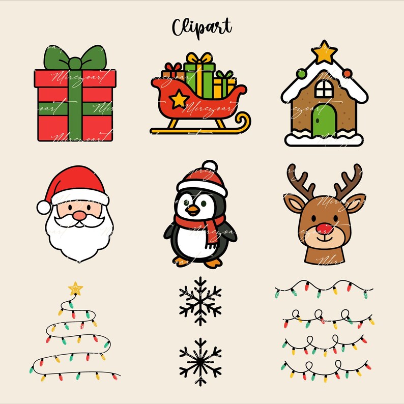 以下が含まれることがあります： クリスマスをテーマにしたクリップアートイラストのコレクション。緑のリボンが付いた赤いギフトボックス、プレゼントでいっぱいのそり、ジンジャーブレッドハウス、サンタクロース、ペンギン、トナカイ、ライトで作られたクリスマスツリー、雪の結晶、ストリングライトが含まれています。「Clipart」という言葉が上にあります。