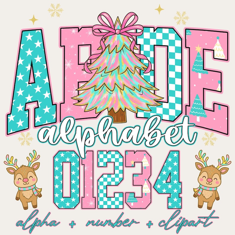 May include: A digital graphic featuring the letters A, B, C, D, and E, and the numbers 0, 1, 2, 3, and 4. The letters and numbers are in teal and pink with star and checkered patterns. A Christmas tree and reindeer are also included.