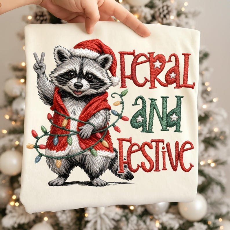May include: Off-white sweatshirt with a raccoon wearing a Santa hat and red vest, holding up two fingers. The text "Feral and Festive" is embroidered in red and green. A string of Christmas lights is wrapped around the raccoon.