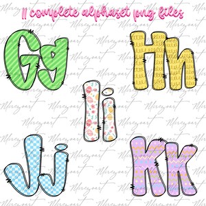 Op de afbeelding: Een verzameling kleurrijke alfabetletters, waaronder G, H, I, J en K, met verschillende patronen en ontwerpen. De letters zijn zwart omlijnd en hebben een gestikt uiterlijk. De tekst "11 complete alphabet png files" staat bovenaan.