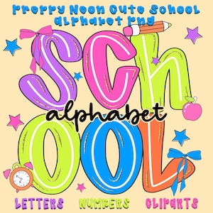 May include: A vibrant digital graphic featuring the word "SCHOOL" in large, outlined letters, with "alphabet" in cursive below. Additional text includes "LETTERS", "NUMBERS", and "CLIPARTS". The image includes stars, bows, an apple, a pencil, and an alarm clock.
