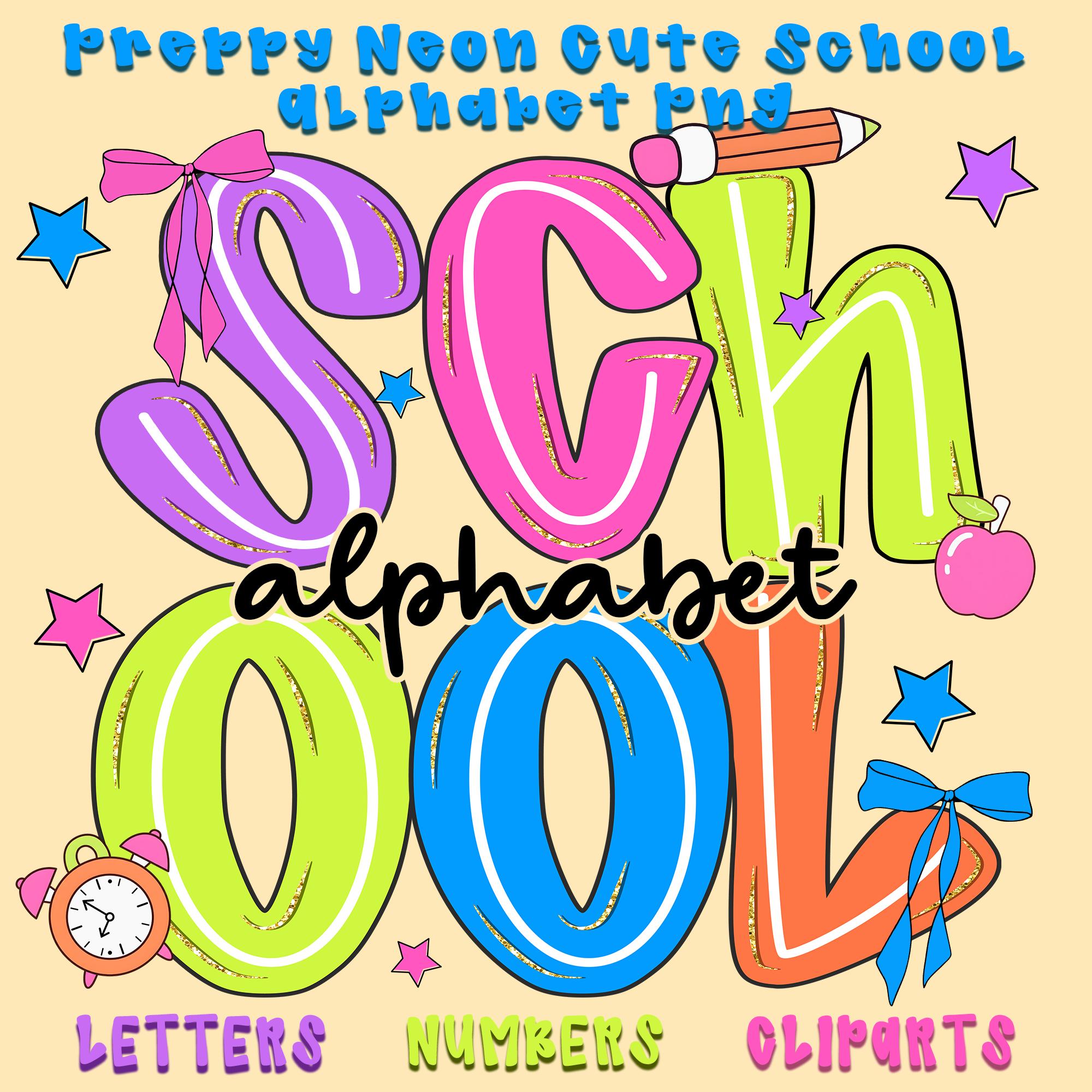 Preppy Neon Alphabet PNG Bundle Cute School Letters Numbers Clipart Set ...