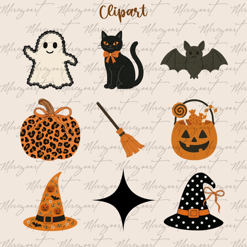 May include: A selection of Halloween-themed clipart illustrations. Features a smiling ghost, a black cat with an orange bow tie, a bat, a pumpkin with a leopard print design, a broom, a jack-o'-lantern candy bucket, a witch's hat, and a black star.