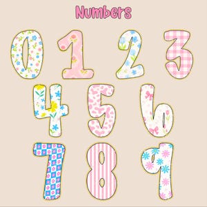 K&ouml;nnte beinhalten: Eine Sammlung dekorativer Zahlen von 0-9, jede mit einem einzigartigen Blumen- oder Musterdesign. Die Zahlen sind goldfarben umrandet und vor einem hellbeigen Hintergrund platziert. Das Wort "Numbers" steht in rosa Schrift oben.