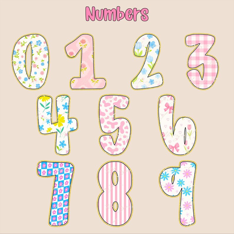 K&ouml;nnte beinhalten: Eine Sammlung dekorativer Zahlen von 0-9, jede mit einem einzigartigen Blumen- oder Musterdesign. Die Zahlen sind goldfarben umrandet und vor einem hellbeigen Hintergrund platziert. Das Wort "Numbers" steht in rosa Schrift oben.