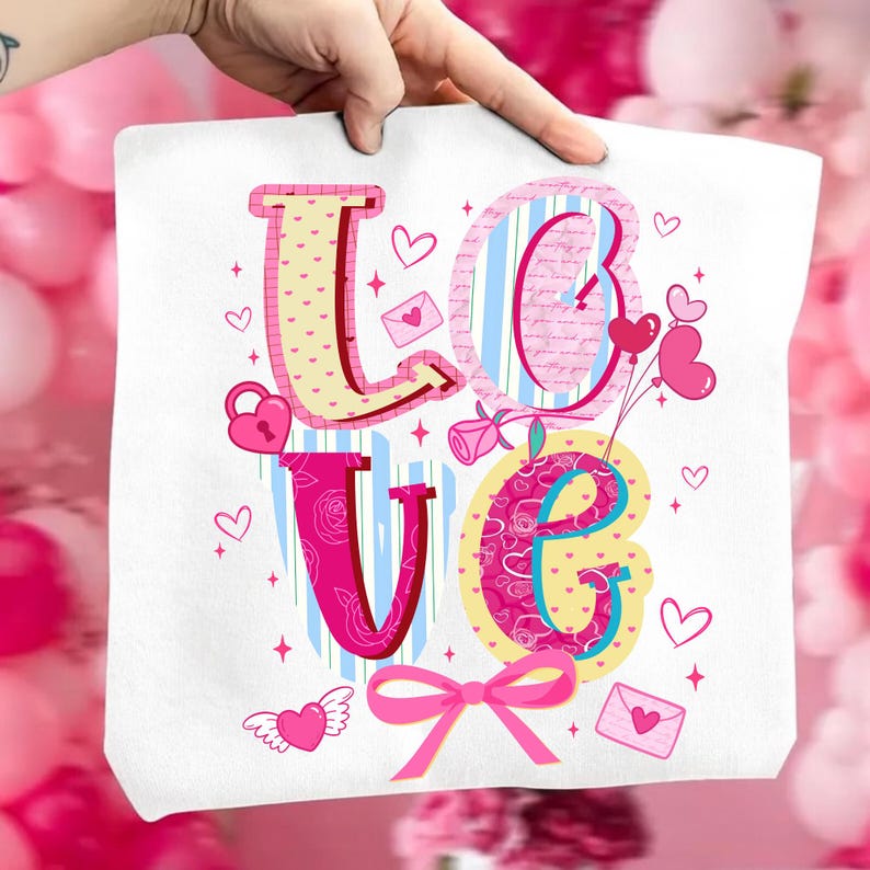 以下が含まれることがあります： 「LOVE」の文字がカラフルでロマンチックなデザインの白いトートバッグ。文字はハート、バラ、リボンで飾られています。「L」はピンク色で黄色の水玉模様、「O」は青いストライプです。