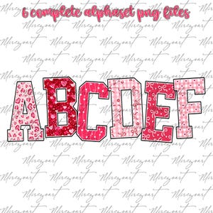 Op de afbeelding: Een digitaal ontwerp met de letters A t/m F in een gedurfde, collegiale stijl. Elke letter is versierd met een uniek patroon, waaronder harten, glitter, strikken en ruitjes in roze en rode tinten. Het ontwerp staat tegen een witte achtergrond.