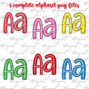 May include: Six colourful "Aa" letter designs in red, pink, yellow, green, red, and blue, each with a white outline. The image includes the text "6 complete alphaset png files" at the top.