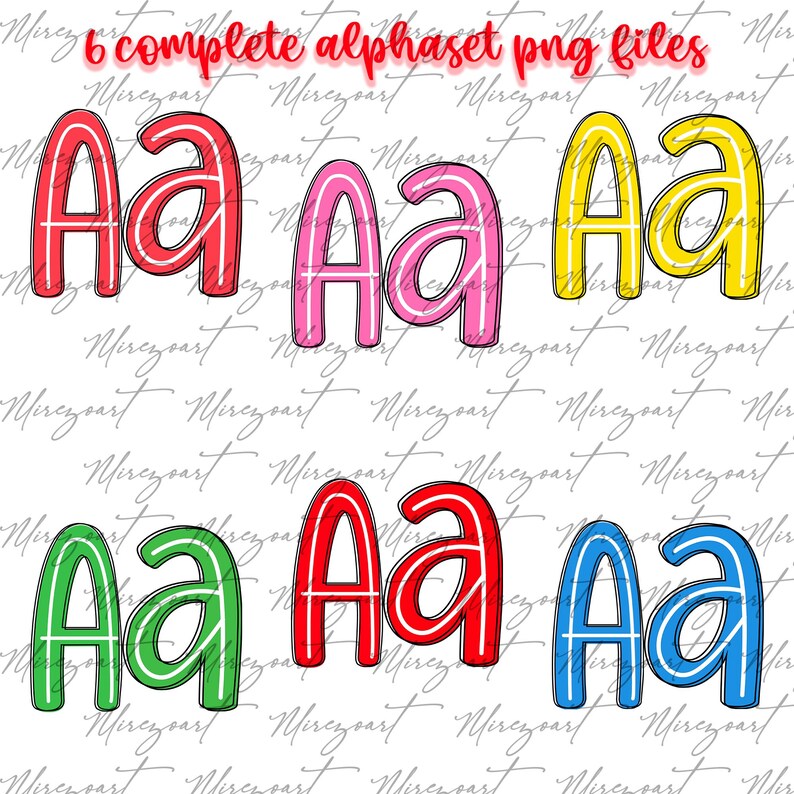 May include: Six colourful "Aa" letter designs in red, pink, yellow, green, red, and blue, each with a white outline. The image includes the text "6 complete alphaset png files" at the top.