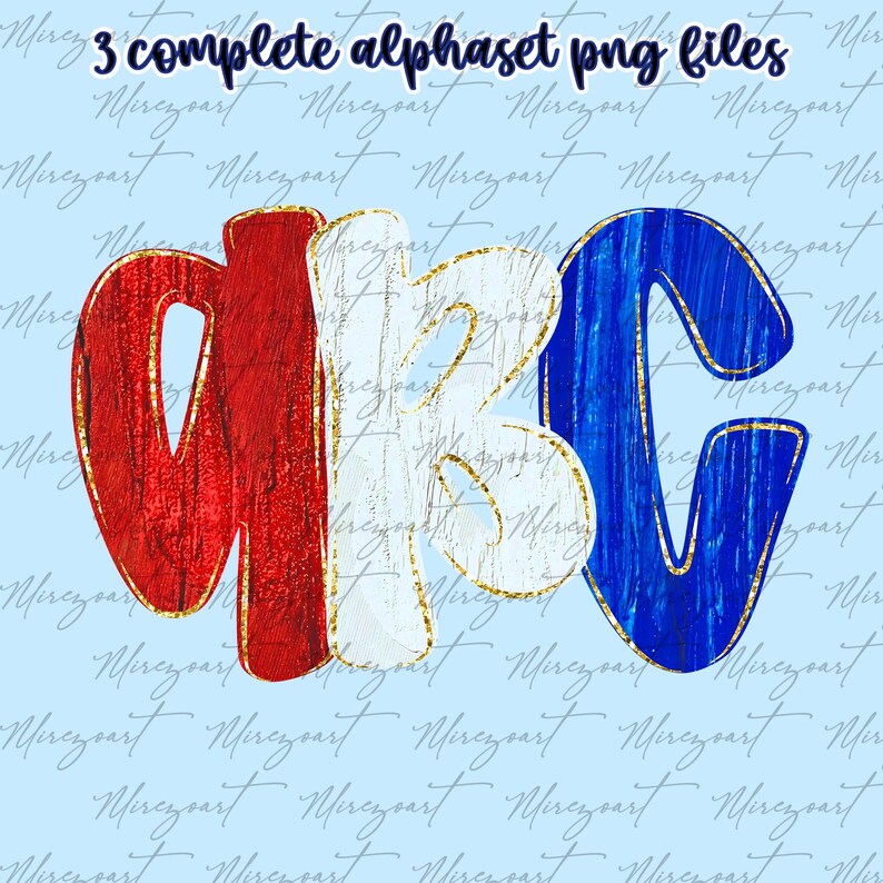 May include: Three complete alphabet PNG files. The letters A, B, and C are displayed in red, white, and blue, with gold outlines. The background is a light blue color with the word "Merezeart" repeated in a script font.