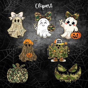 May include: A collection of Halloween-themed clipart featuring ghosts, pumpkins, and a jack-o'-lantern face. The ghosts are adorned with bows and hats, and some are holding pumpkins. The designs incorporate camouflage patterns and the text "Boo Bruh".