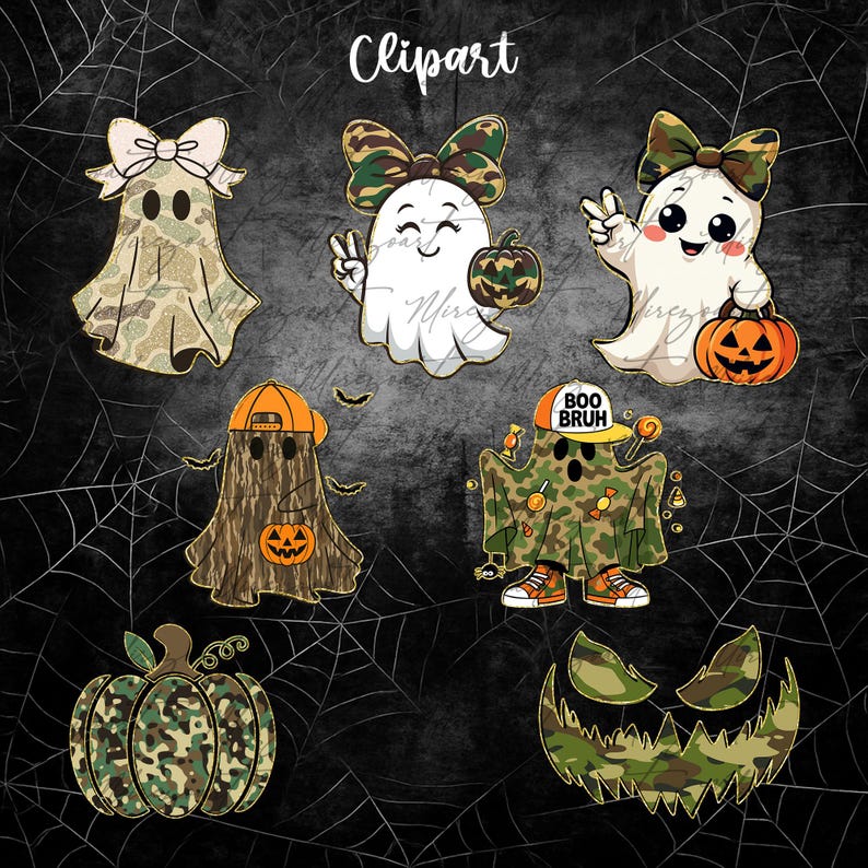 May include: A collection of Halloween-themed clipart featuring ghosts, pumpkins, and a jack-o'-lantern face. The ghosts are adorned with bows and hats, and some are holding pumpkins. The designs incorporate camouflage patterns and the text "Boo Bruh".