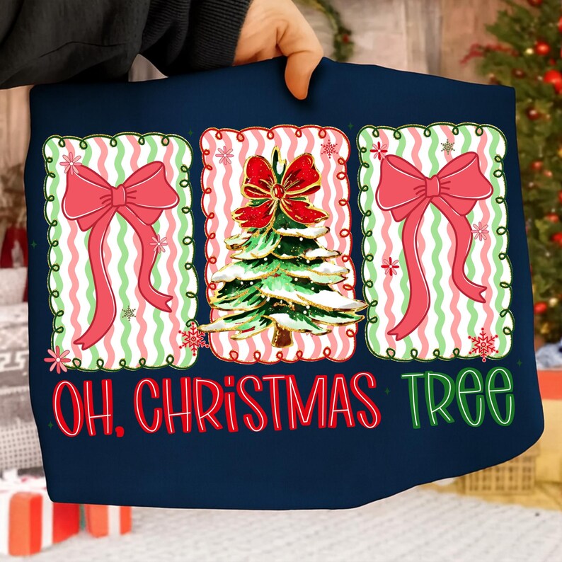 May include: Navy blue Christmas-themed design featuring a central Christmas tree with a red bow, flanked by two pink bows on a striped background. The text "OH. CHRISTMAS TREE" is displayed in red and green, creating a festive holiday design.