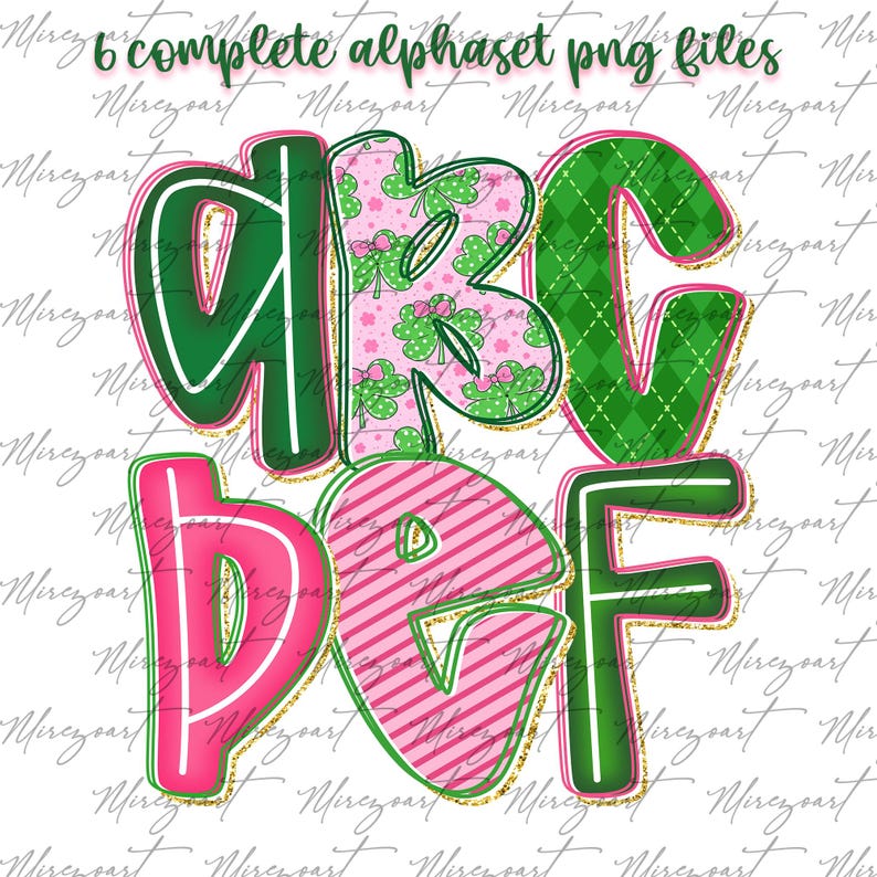 Pu&ograve; includere: Alfabeto colorato con le lettere dalla A alla F in verde, rosa e bianco. Le lettere hanno un effetto 3D con dettagli glitterati dorati. La lettera B presenta un motivo a trifogli. Il testo "6 complete alphaset png files" &egrave; in alto.