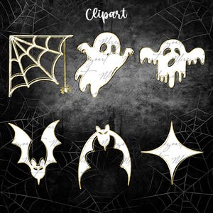 May include: A collection of Halloween-themed clipart elements. Includes a spider web, ghosts, bats, and a star shape, all with a white fill and gold outlines. The word "Clipart" is written at the top in a script font.
