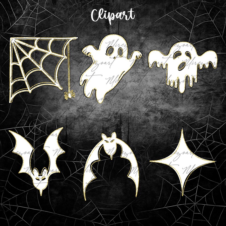 May include: A collection of Halloween-themed clipart elements. Includes a spider web, ghosts, bats, and a star shape, all with a white fill and gold outlines. The word "Clipart" is written at the top in a script font.