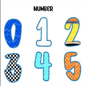 May include: A collection of six colorful numbers, 0 through 5, with unique designs. The numbers are outlined in blue and feature patterns like checkered flags, lined paper, and a pencil design. The word "NUMBER" is printed above.