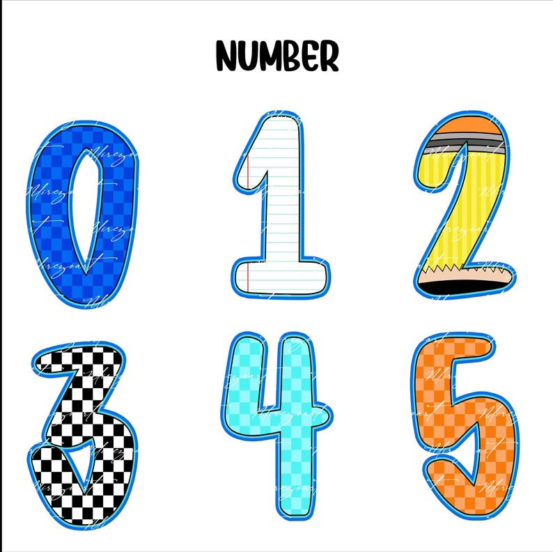 May include: A collection of six colorful numbers, 0 through 5, with unique designs. The numbers are outlined in blue and feature patterns like checkered flags, lined paper, and a pencil design. The word "NUMBER" is printed above.