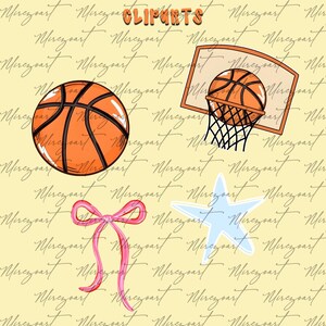 May include: A collection of basketball-themed clip art elements. Includes an orange basketball, a basketball hoop with a net, a pink bow, and a light blue star. The word "cliparts" is written in orange at the top.