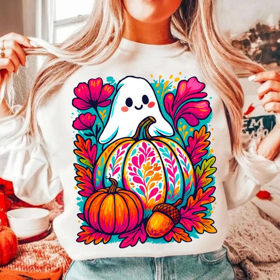 Boho Ghost Pumpkin PNG Clipart Fall Halloween Aesthetic Sublimation Graphics for T-Shirts, Invitations, Decor & Cozy Crafts