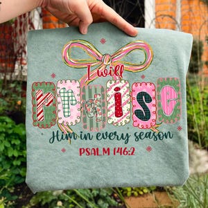 May include: A light green t-shirt with the words "I will praise Him in every season" and "PSALM 146:2" printed on it. The word "praise" is in colorful, decorative letters. A pink and gold bow is at the top.