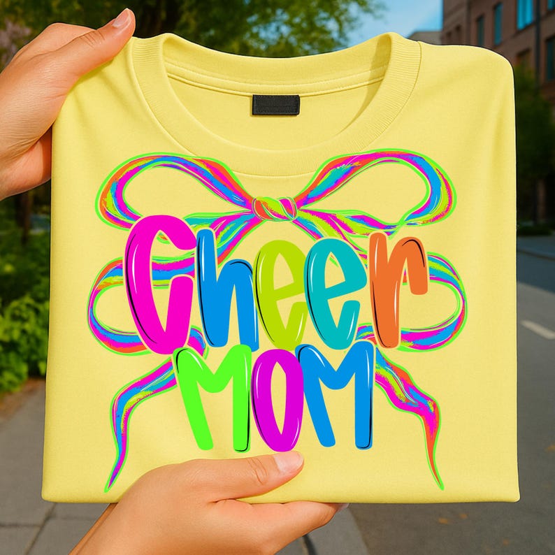 May include: A light yellow t-shirt with the words "Cheer Mom" in bright, colorful letters. The text is surrounded by a rainbow-colored ribbon design. The shirt is held up by a person.
