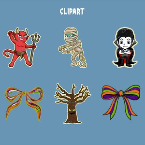 May include: A collection of Halloween-themed clipart illustrations on a blue background. The clipart includes a red devil with a trident, a mummy, a vampire, two decorative bows, and a spooky tree. The word "CLIPART" is at the top.
