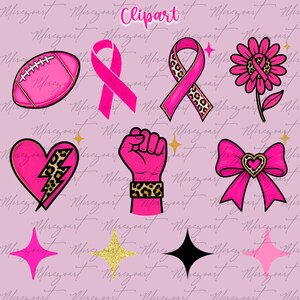 May include: A collection of pink clipart elements, including a football, ribbons, a flower, a heart with a lightning bolt, a fist, a bow, and stars. Some elements feature leopard print accents. The word "Clipart" is at the top.