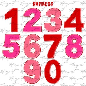 May include: A set of numbers from 1 to 0 in shades of red and pink, with a white outline. The word "NUMBERS" is at the top in red. The numbers are in a handwritten style font.