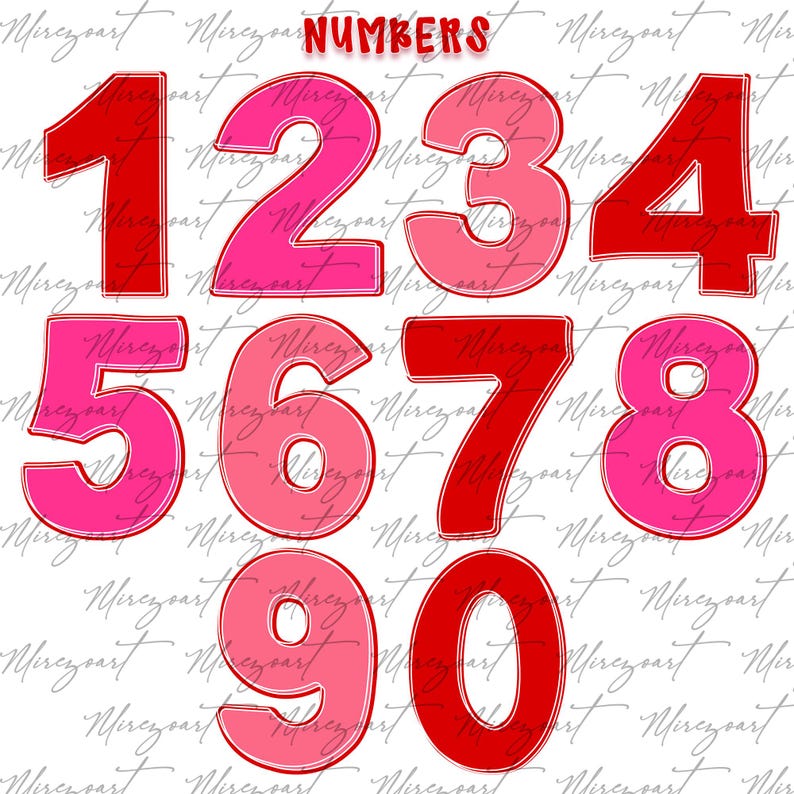 May include: A set of numbers from 1 to 0 in shades of red and pink, with a white outline. The word "NUMBERS" is at the top in red. The numbers are in a handwritten style font.