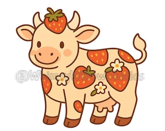 Strawberry Cow PNG Clipart | Kawaii Fruit Cow | Cute Digital Download | Cartoon Cow Illustration | Pastel Farm Animal PNG | Printable Art