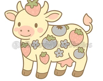 May include: A cartoon illustration of a cow with a light yellow body and brown hooves. The cow has pink strawberry and blueberry patterns on its body. The cow has a strawberry on its head and a pink tail. The text "@whimsyWillowStudios" is on the image.