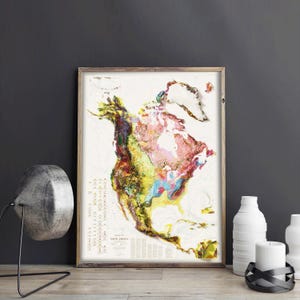 Impression de carte 2D de l'Amérique du Nord | Poster en papier photo de haute qualité | Typographie claire | Avec ou sans cadre | Décoration murale de style vintage